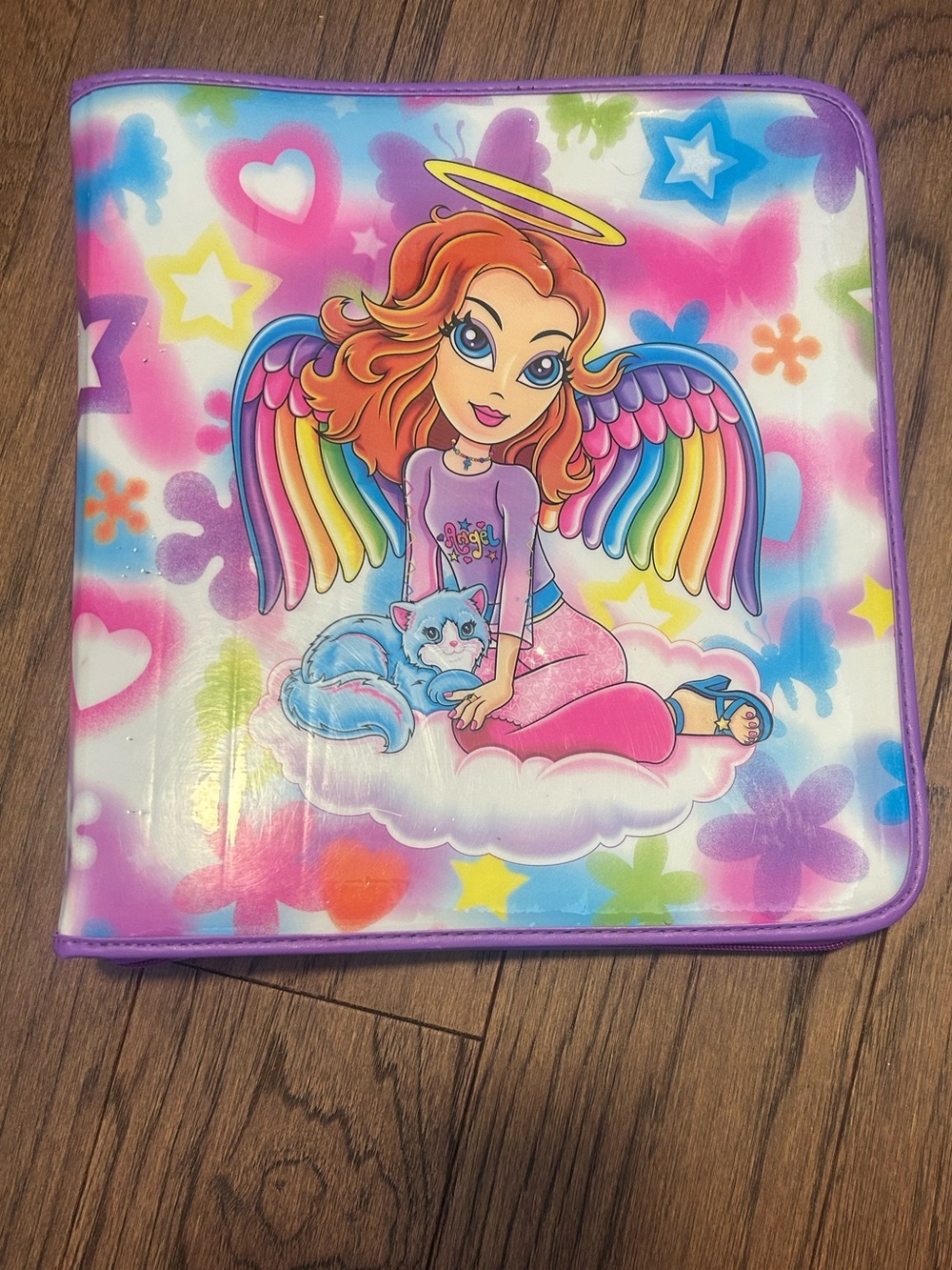 Y2K Lisa Frank Angel with Cat Three Ring Binder with Zipper